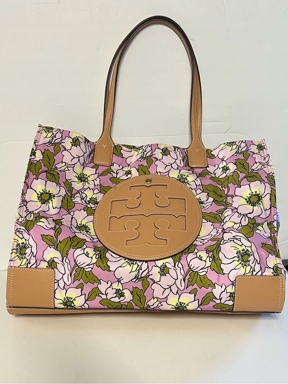 Tory Burch Pink Floral Tote with Tan Leather Trim